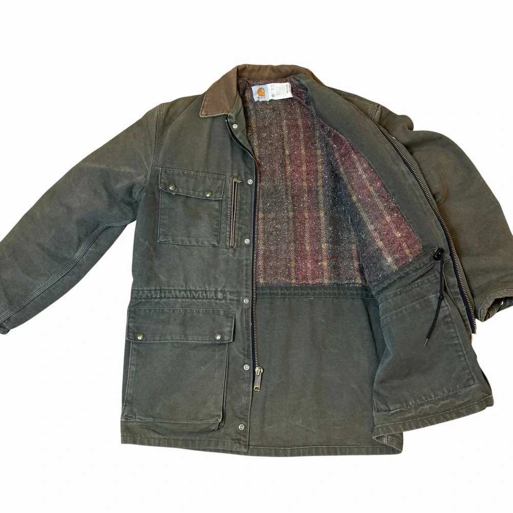 VTG Carhartt Jacket PB1366 Green Blanket Lined Barn Coat Chore Medium Made In US